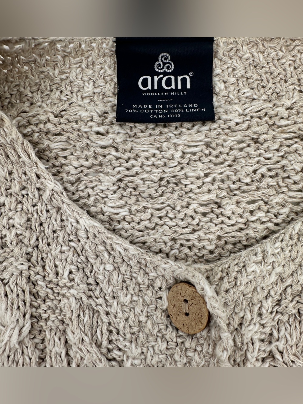 Aran Woollen Mills Irish Linen Wool Blend Cable Knit Cardigan Sweater Oatmeal - Picture 2 of 10